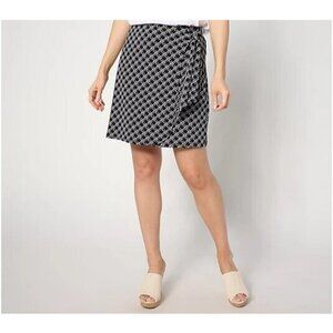 Susan Graver Printed Liquid Knit Faux Wrap Skort with Tie Detail Black, X-Small